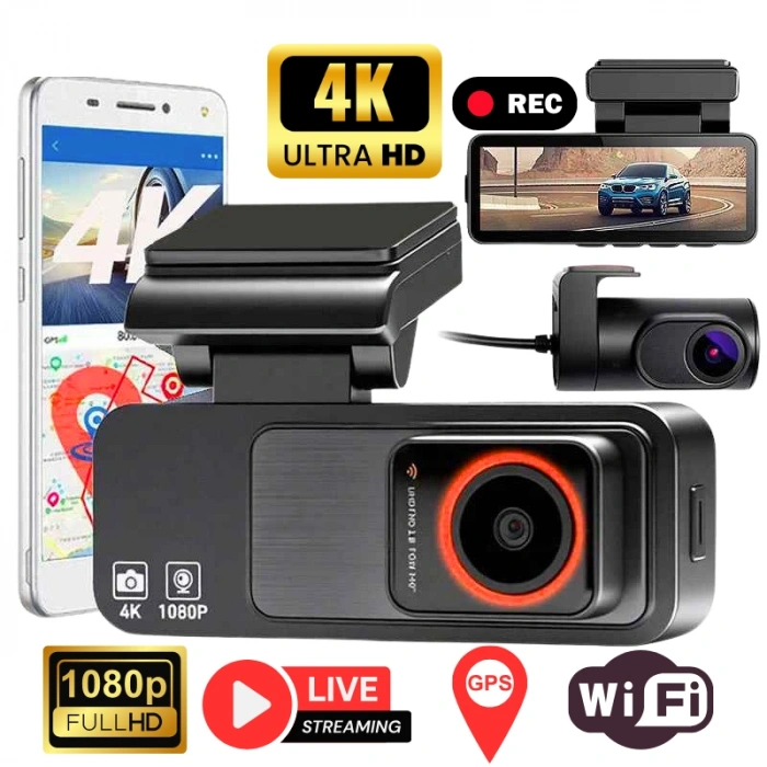 170° Ultra Geniş Açı 4K UHD Wi-Fi Ön ve Arka Araç Kamerası | G-Sensörlü Gece Görüşlü Dikiz Aynası Kamera | Park Modu, GPS Destekli (2025) + Hafıza Kartı Hediyeli