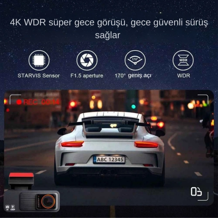 170° Ultra Geniş Açı 4K UHD Wi-Fi Ön ve Arka Araç Kamerası | G-Sensörlü Gece Görüşlü Dikiz Aynası Kamera | Park Modu, GPS Destekli (2025) + Hafıza Kartı Hediyeli