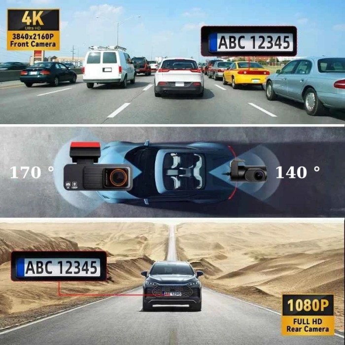 170° Ultra Geniş Açı 4K UHD Wi-Fi Ön ve Arka Araç Kamerası | G-Sensörlü Gece Görüşlü Dikiz Aynası Kamera | Park Modu, GPS Destekli (2025) + Hafıza Kartı Hediyeli