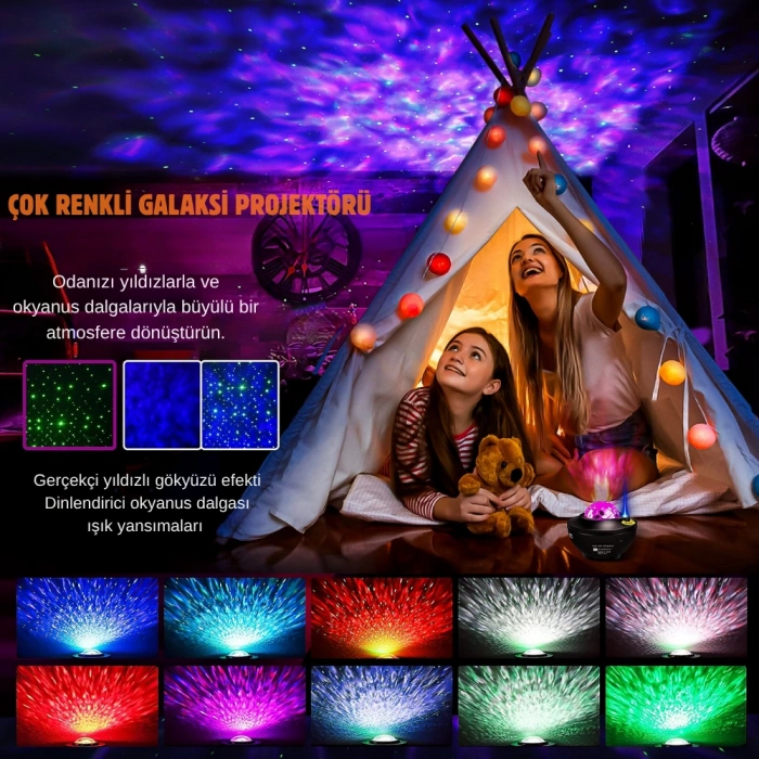 Galaxy Projektör Bluetooth Hoparlör Kuzey Işıkları Gece Lambası Kumandalı LED Projeksiyon Lambası
