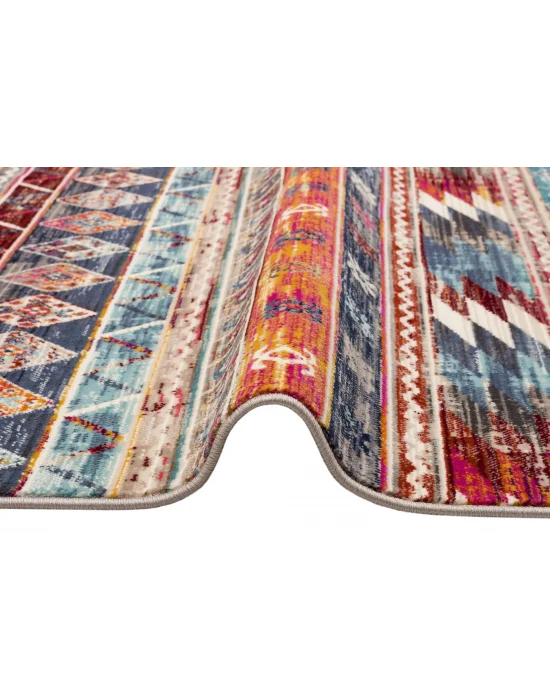 PETRA HALI 0012 Hav Toz Vermez Etnik ve Modern Desenli Renkli Saçaklı Halı