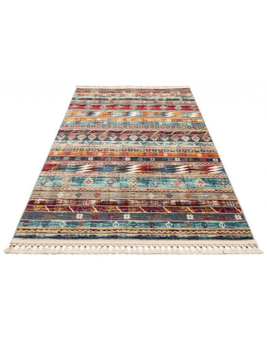 PETRA HALI 0012 Hav Toz Vermez Etnik ve Modern Desenli Renkli Saçaklı Halı