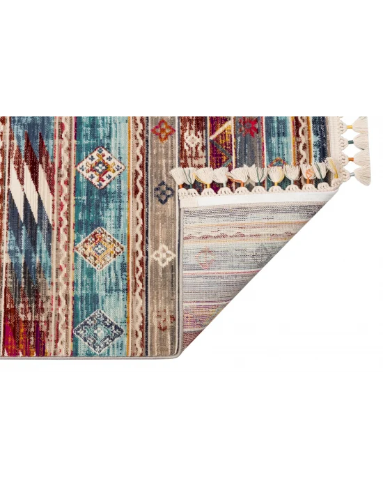 PETRA HALI 0012 Hav Toz Vermez Etnik ve Modern Desenli Renkli Saçaklı Halı