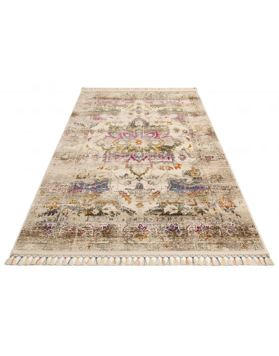 PETRA HALI 0027 Hav Toz Vermez Etnik ve Modern Desenli Renkli Saçaklı Halı