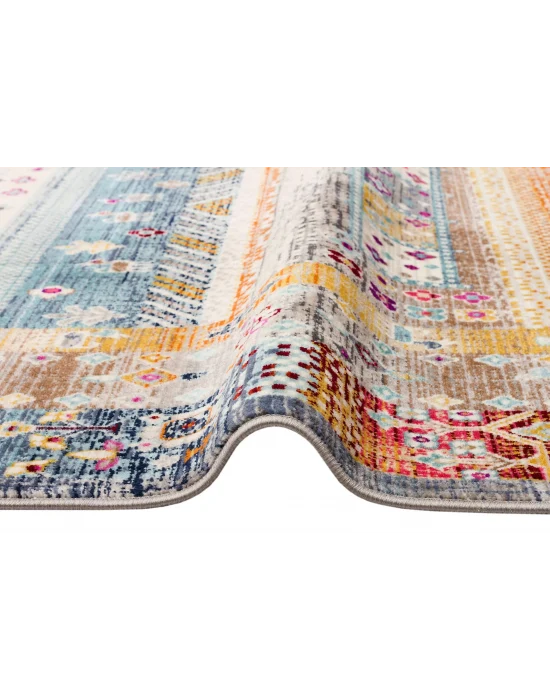 PETRA HALI 0045 Hav Toz Vermez Etnik ve Modern Desenli Renkli Saçaklı Halı