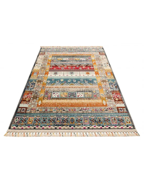 PETRA HALI 0045 Hav Toz Vermez Etnik ve Modern Desenli Renkli Saçaklı Halı