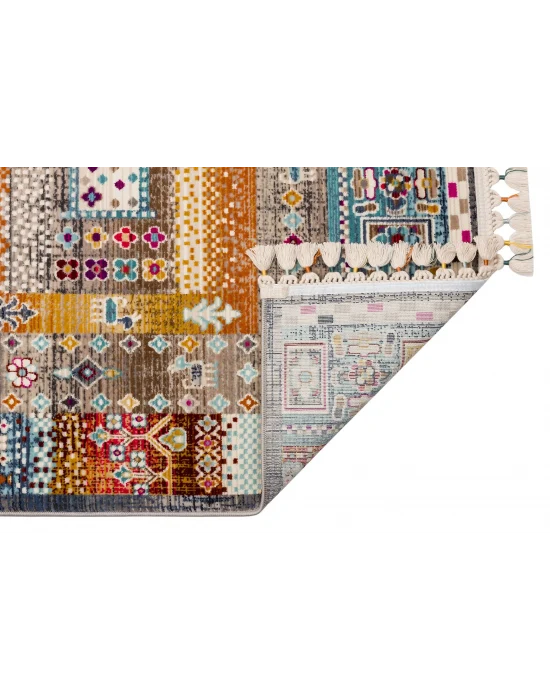 PETRA HALI 0045 Hav Toz Vermez Etnik ve Modern Desenli Renkli Saçaklı Halı