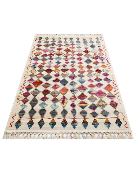 PETRA HALI 0062 Hav Toz Vermez Etnik ve Modern Desenli Renkli Saçaklı Halı