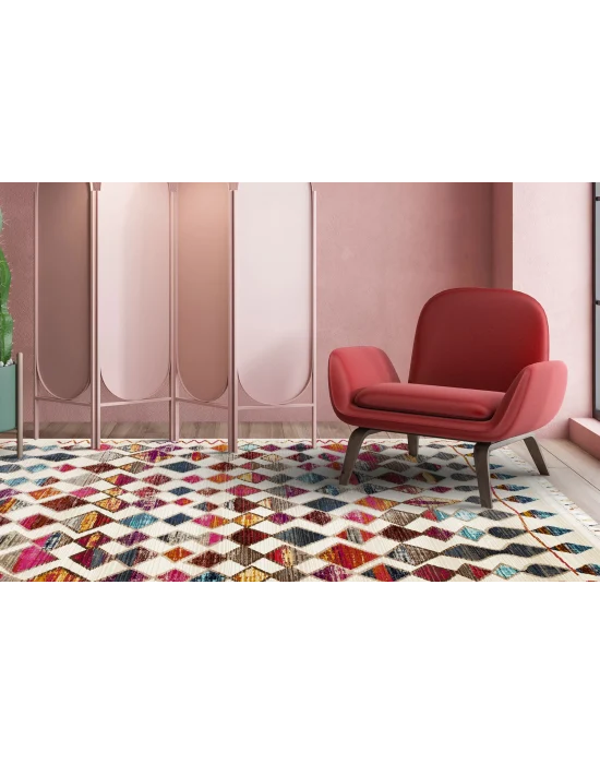 PETRA HALI 0062 Hav Toz Vermez Etnik ve Modern Desenli Renkli Saçaklı Halı