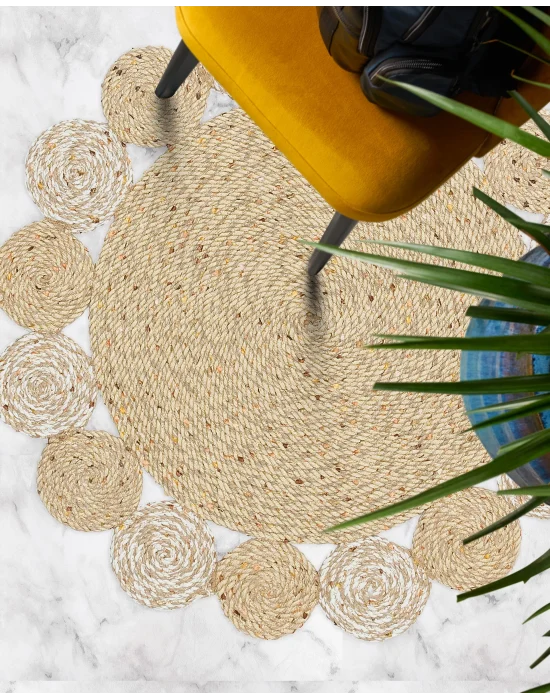 Patna PTN 03 Natural White Jüt Hasır Görünümlü Hav Toz Vermez Dekoratif Örgü Halı