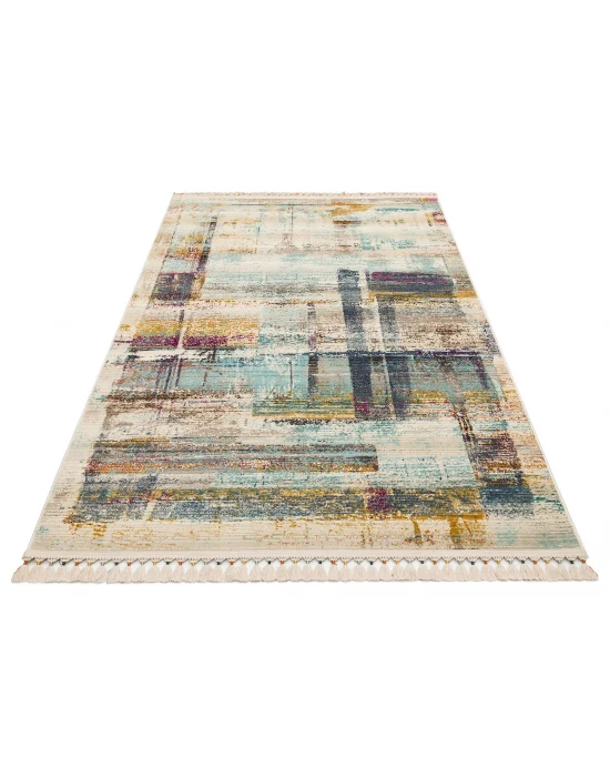 PETRA HALI 0005 Hav Toz Vermez Etnik ve Modern Desenli Renkli Saçaklı Halı