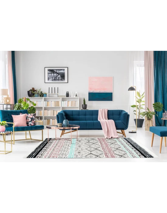Arya Ar 04 Pink Aqua %100 Geri Dönüşümlü Pamuktan Çift Taraflı Yıkanabilir Modern Dekoratif Kilim