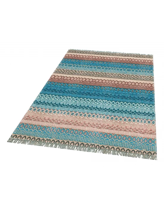 BODRUM KILIM 0062 Renkli Çift Taraflı Yıkanabilir Saçaklı Baskı Kilim
