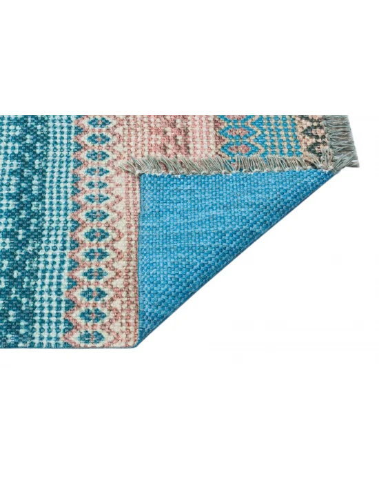 BODRUM KILIM 0062 Renkli Çift Taraflı Yıkanabilir Saçaklı Baskı Kilim