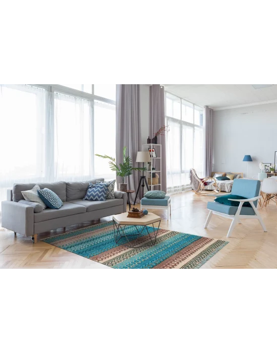 BODRUM KILIM 0062 Renkli Çift Taraflı Yıkanabilir Saçaklı Baskı Kilim