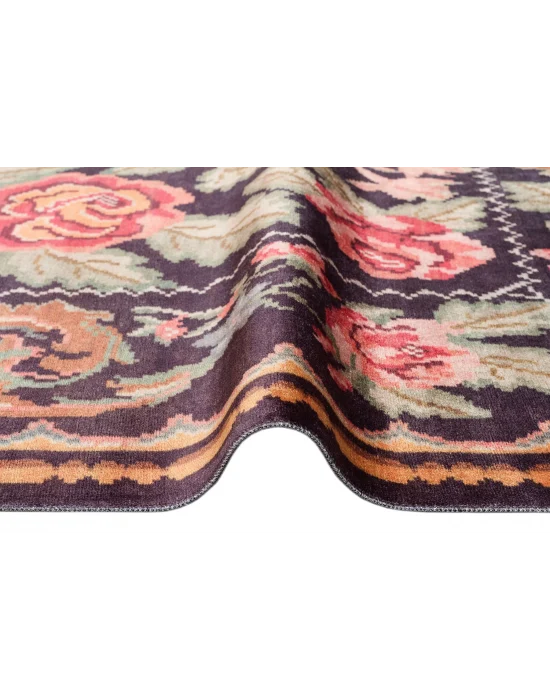 Antique ATK 02 Black Yıkanabilir Modern Ve Etnik Desenli Kaymaz Tabanlı Makine Halısı