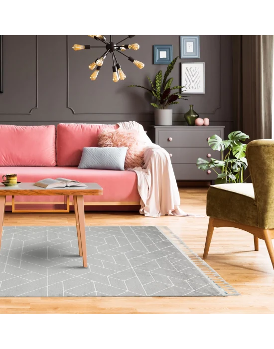 Urban 03 Grey White Etnik Desenlere Sahip Hav Toz Vermez Yumuşak Dokulu Modern Halı