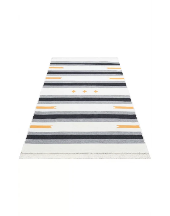 Arya Ar 24 Yellow Antrasit %100 Geri Dönüşümlü Pamuktan Çift Taraflı Yıkanabilir Modern Dekoratif Kilim