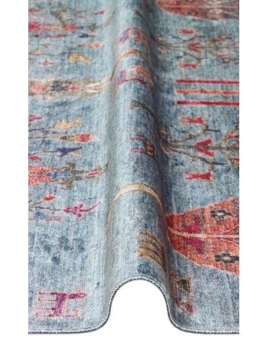 Antique ATK 09 Aqua Yıkanabilir Modern Ve Etnik Desenli Kaymaz Tabanlı Makine Halısı