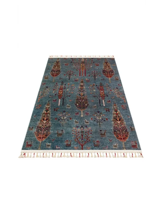 Antique ATK 09 Aqua Yıkanabilir Modern Ve Etnik Desenli Kaymaz Tabanlı Makine Halısı