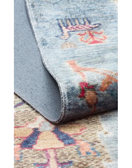 Antique ATK 09 Aqua Yıkanabilir Modern Ve Etnik Desenli Kaymaz Tabanlı Makine Halısı