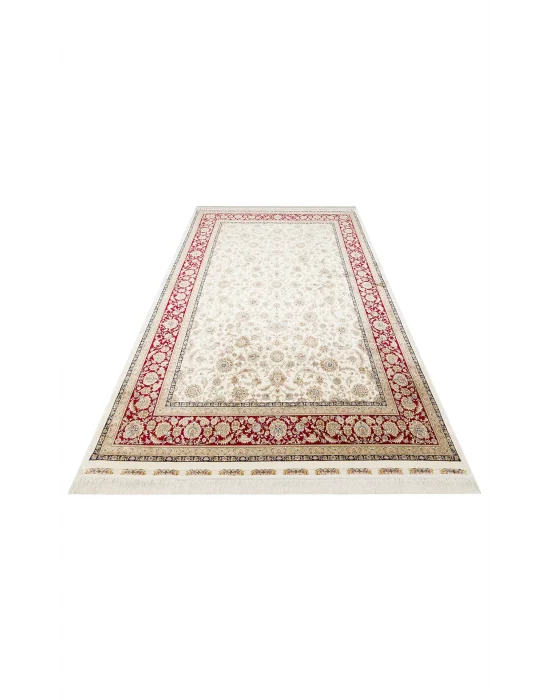 İsfahan 03 Cream Red Klasik Desenli Yüksek Kalite Sık Dokuma Makine Halısı