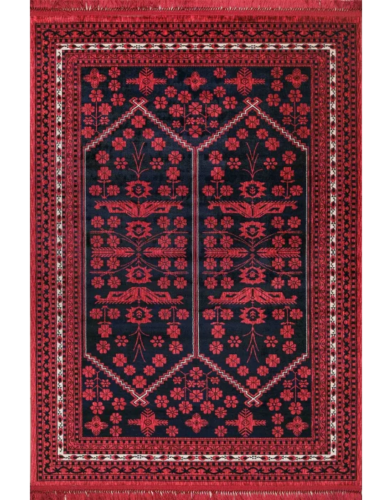 Afgan Plus 301 Kırmızı Etnik Afgan Desenli Makine Halısı