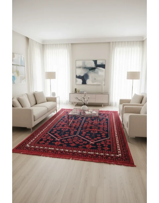 Afgan Plus 301 Kırmızı Etnik Afgan Desenli Makine Halısı