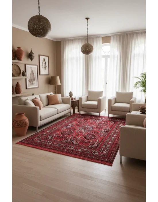Afgan Plus 302 Kırmızı Etnik Afgan Desenli Makine Halısı