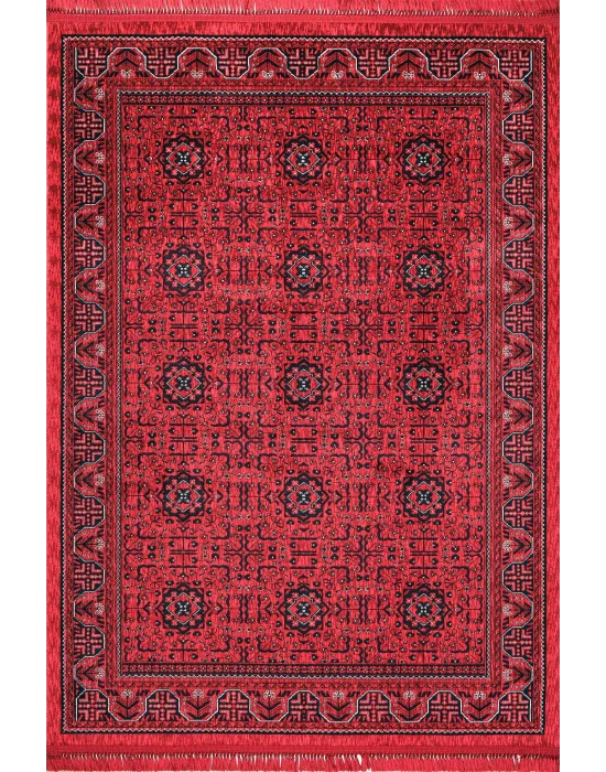 Afgan Plus 303 Kırmızı Etnik Afgan Desenli Makine Halısı