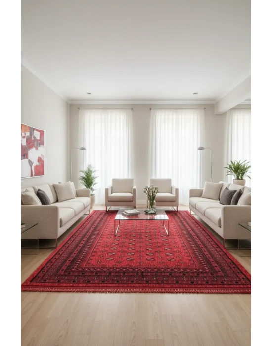 Afgan Plus 304 Kırmızı Etnik Afgan Desenli Makine Halısı