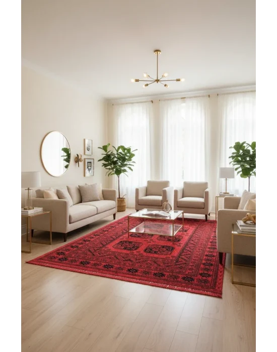 Afgan Plus 306 Kırmızı Etnik Afgan Desenli Makine Halısı