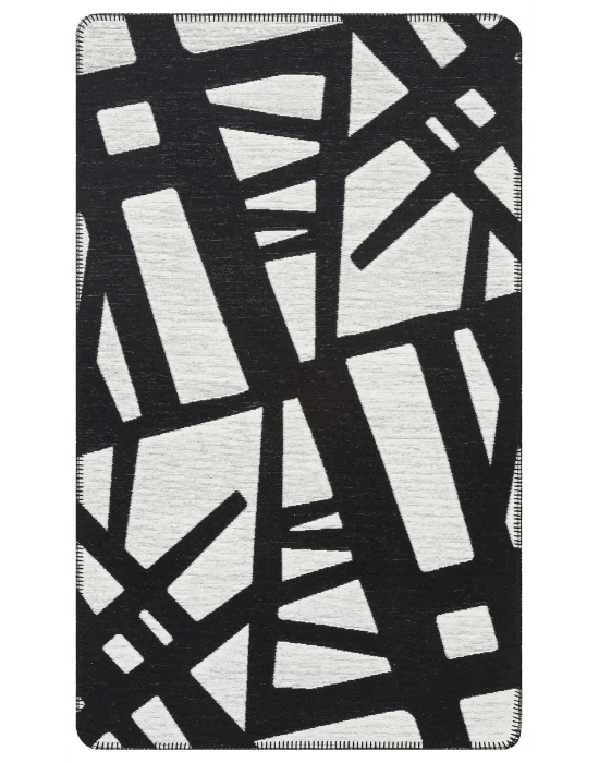 Arya Neo Arn 05 White Black Yıkanabilir Kaymaz Tabanlı Modern Pamuk Kilim