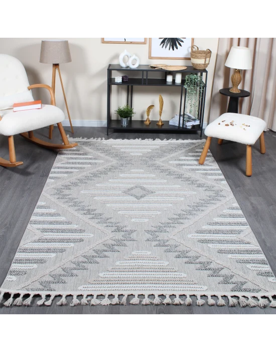 Boho BH-7 Gri Krem Bukle Dokuma Modern Makine Halısı