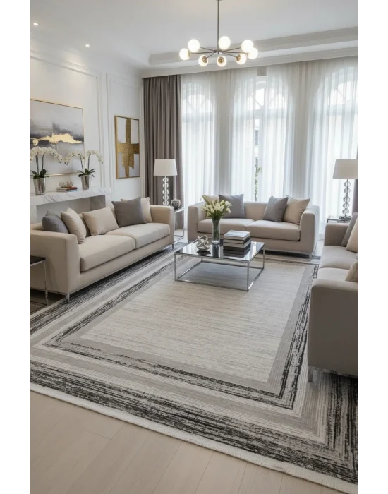 Galista SF203 Gri Antrasit Pamuk Tabanlı Akrilik Modern Çizgili Salon Halısı