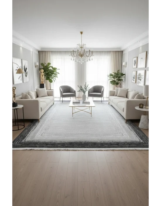 Galista SF204 Gri Antrasit Pamuk Tabanlı Akrilik Modern Çizgili Salon Halısı