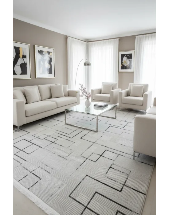 Galista SF205 Gri Antrasit Pamuk Tabanlı Akrilik Modern Çizgili Salon Halısı