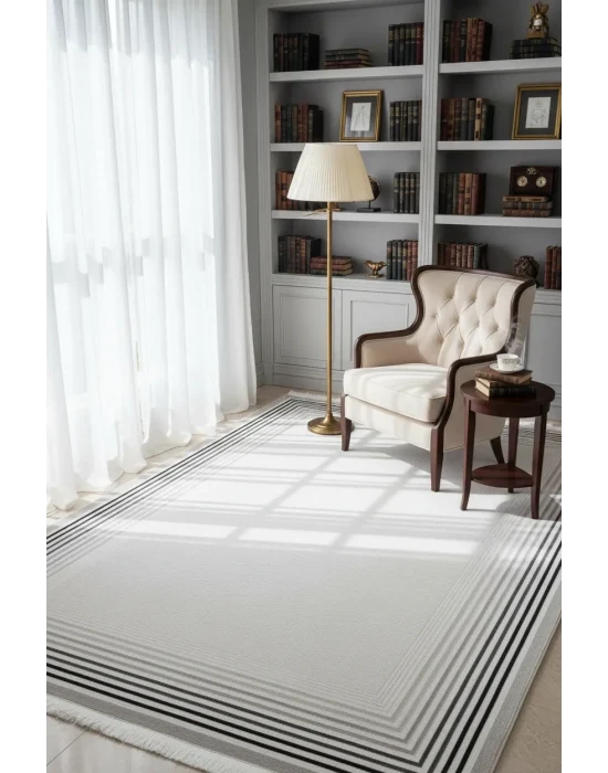 Galista SF214 Gri Antrasit Pamuk Tabanlı Akrilik Modern Çizgili Salon Halısı