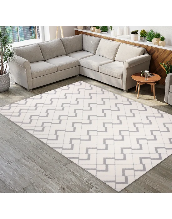 Malibu 9182A Beyaz Gri Modern Makine Halısı