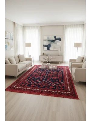 Afgan Plus 301 Kırmızı Etnik Afgan Desenli Makine Halısı