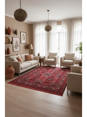 Afgan Plus 302 Kırmızı Etnik Afgan Desenli Makine Halısı