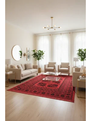 Afgan Plus 306 Kırmızı Etnik Afgan Desenli Makine Halısı