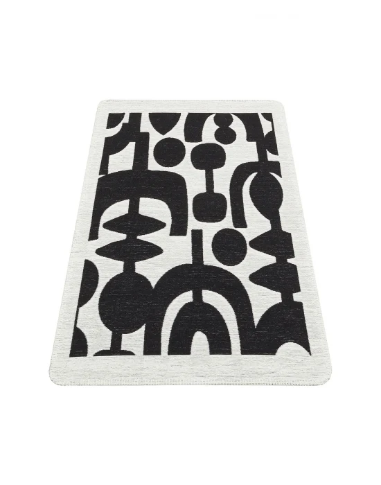 Arya Neo Arn 07 Whıte Black Yıkanabilir Kaymaz Tabanlı Modern Pamuk Kilim