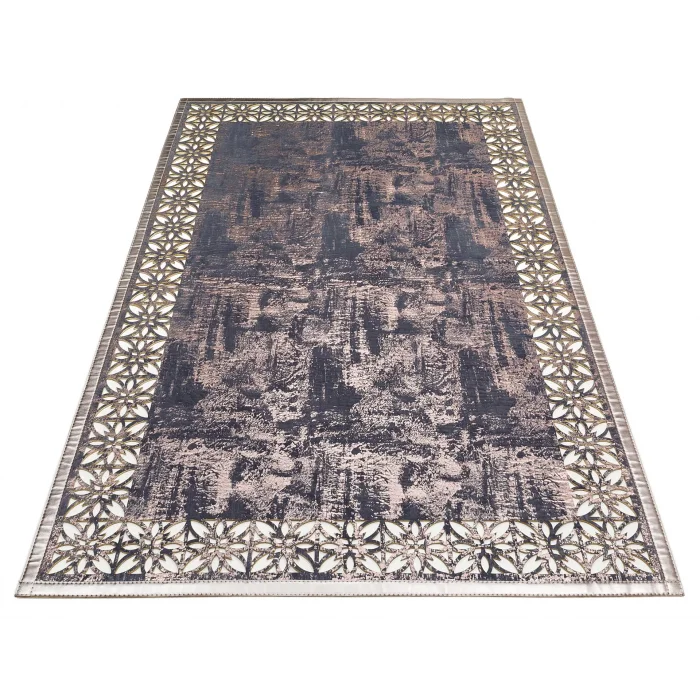 BIANCA DERI 0009 Klasik Ve Modern İşleme ve Oymaya Sahip Parlak Bordürlü Suni Deri Halı