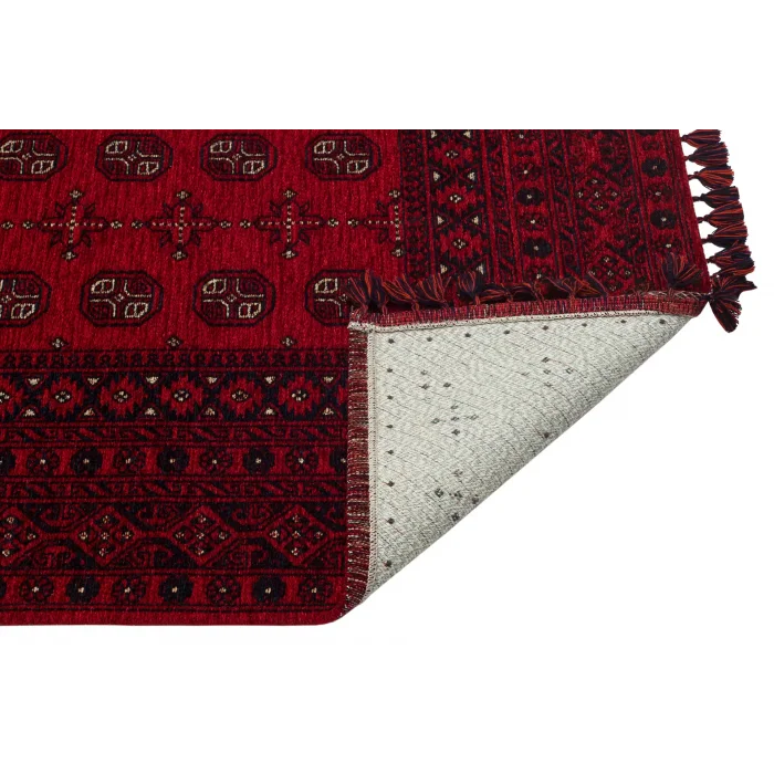 Buhari BHR 04 Red Afgan Yağcıbedir Desenli Hav Toz Vermez Yıkanabilir Kaymaz İnce Dokuma Halı