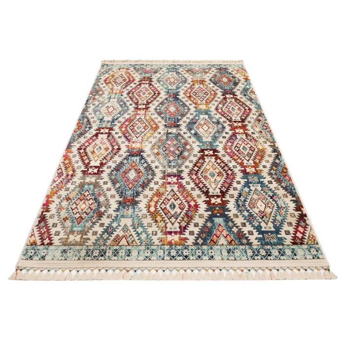 PETRA HALI 0038 Hav Toz Vermez Etnik ve Modern Desenli Renkli Saçaklı Halı