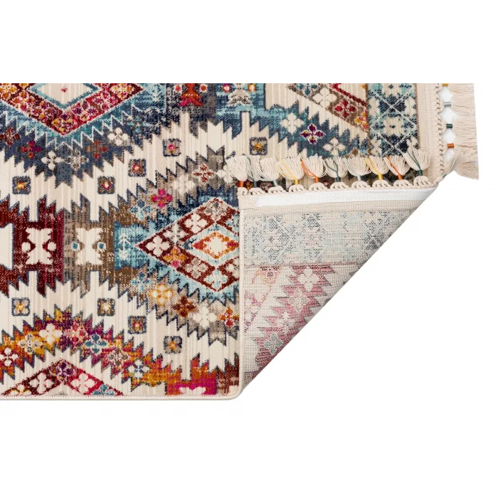 PETRA HALI 0038 Hav Toz Vermez Etnik ve Modern Desenli Renkli Saçaklı Halı