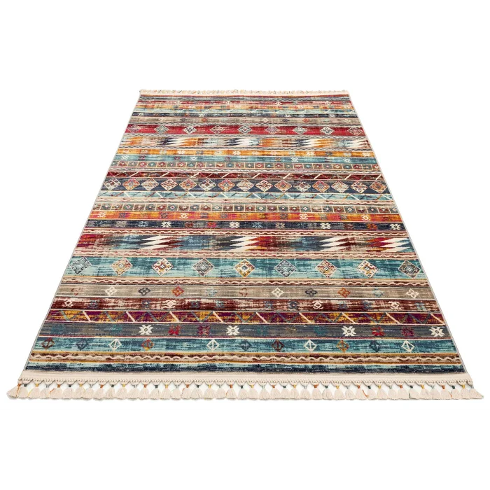 PETRA HALI 0012 Hav Toz Vermez Etnik ve Modern Desenli Renkli Saçaklı Halı