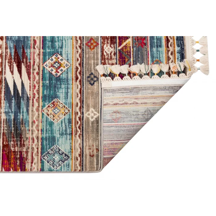 PETRA HALI 0012 Hav Toz Vermez Etnik ve Modern Desenli Renkli Saçaklı Halı