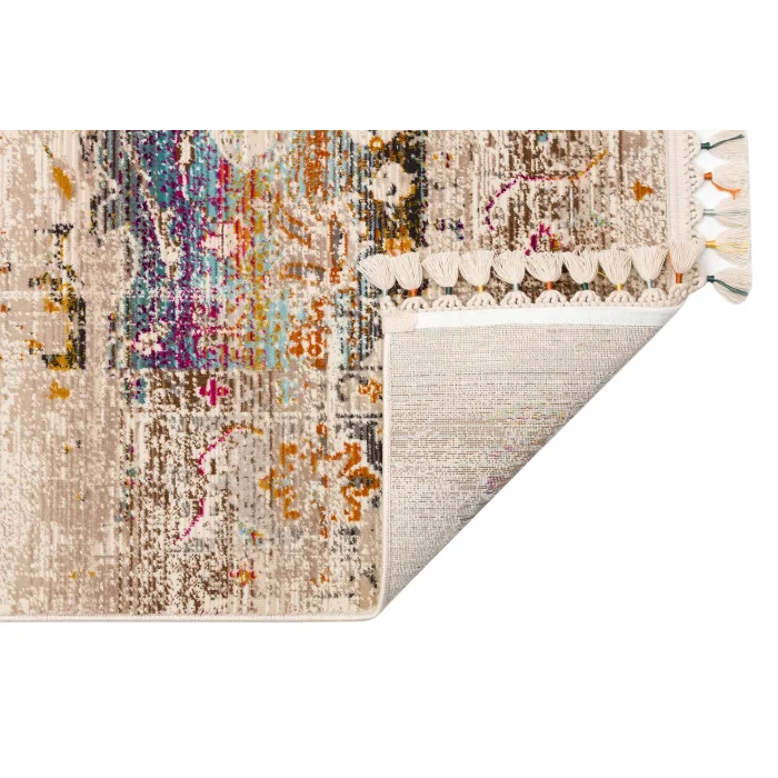 PETRA HALI 0027 Hav Toz Vermez Etnik ve Modern Desenli Renkli Saçaklı Halı